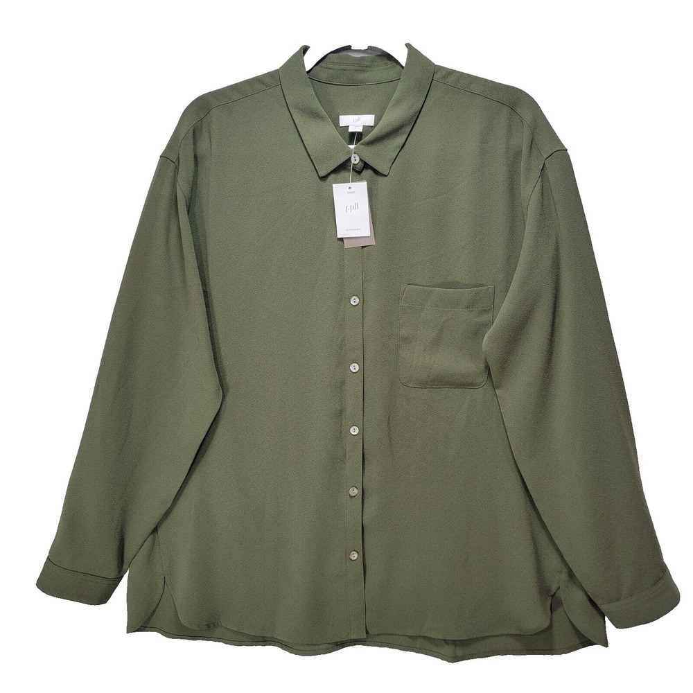 J Jill Button Blouse Top Womens L Green Long Sleeve Collared Pocket Office New